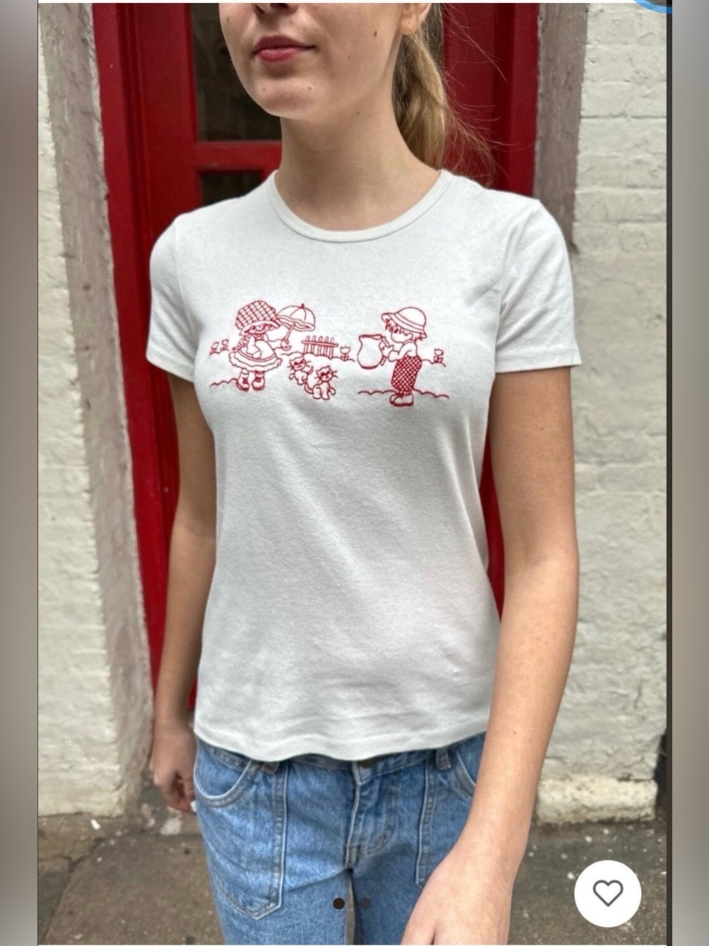 John Galt Brandy Melville Hailie Top – White Cat & Kitten Embroidery